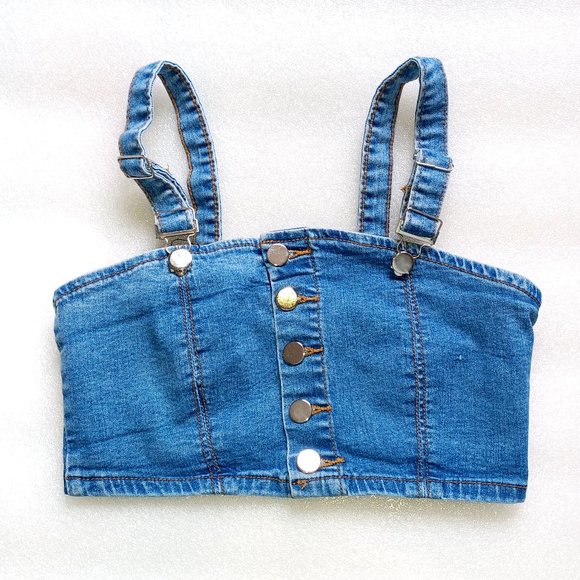 Love + Harmony Stretchy Distressed Denim Bra Crop Top w/ Sideways Buttons Size S - Picture 1 of 6